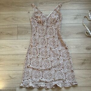 Kathie Lee Collection Cream and Brown Lace Midi Dress